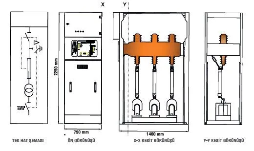 Gerilim Transformatörü Hücresi, İç İhtiyaç Hücresi — Teknik Çizimler
